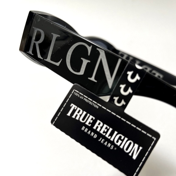 New TRUE RELIGION Slim Embossed Sunglasses Rectangle Wide Leg Logo Black Acetate